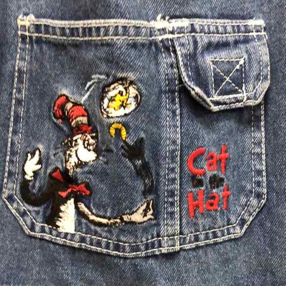 Women’s Dr. Seuss Brand Cat‎ in the Hat denim jean shorts overalls sz L